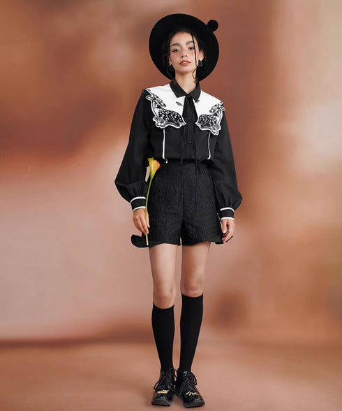 Deer Embroidery Collar Blouse